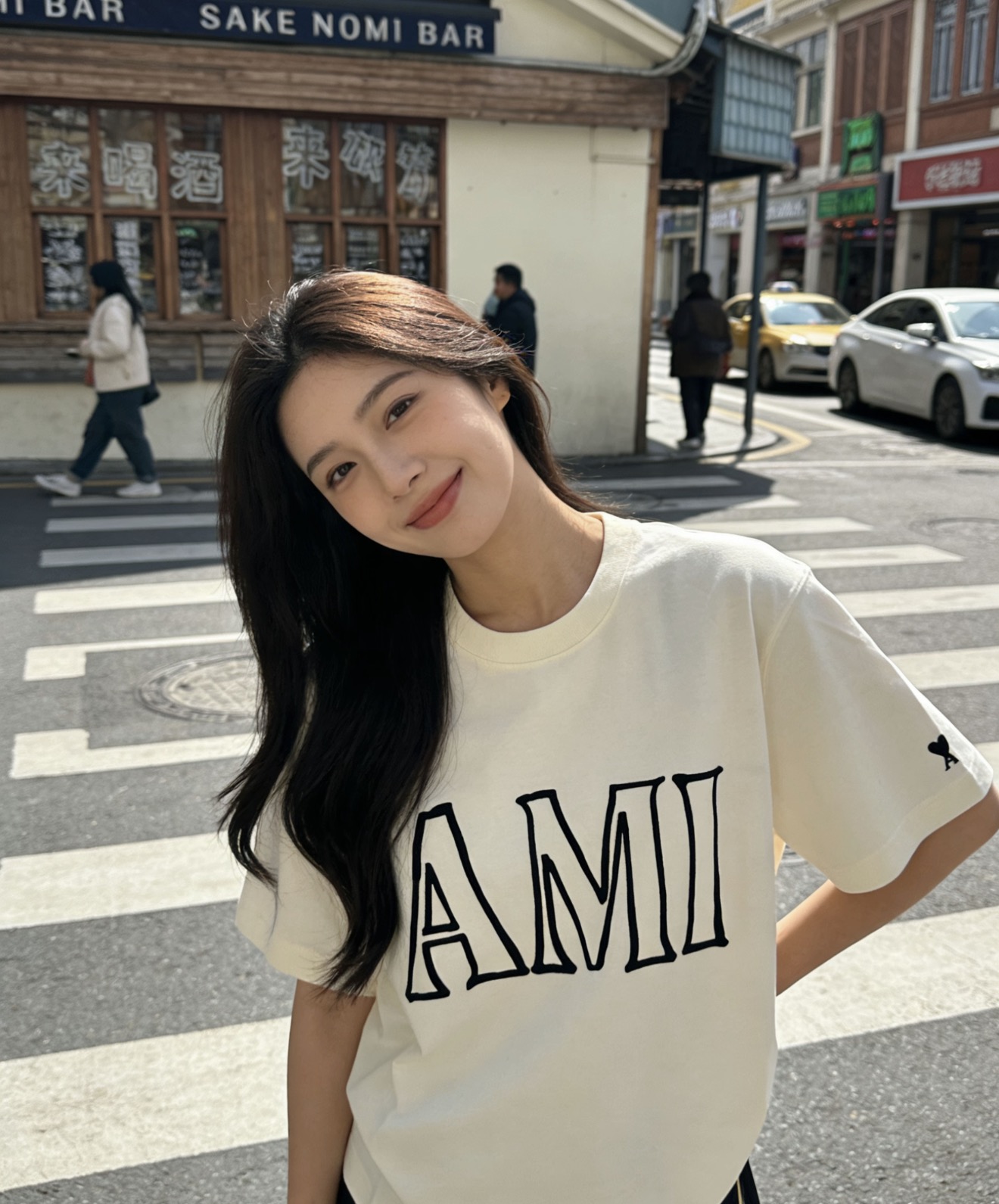 498 아 AMI 남녀공용 화이트 코튼 AMI PARIS 프린트 티셔츠