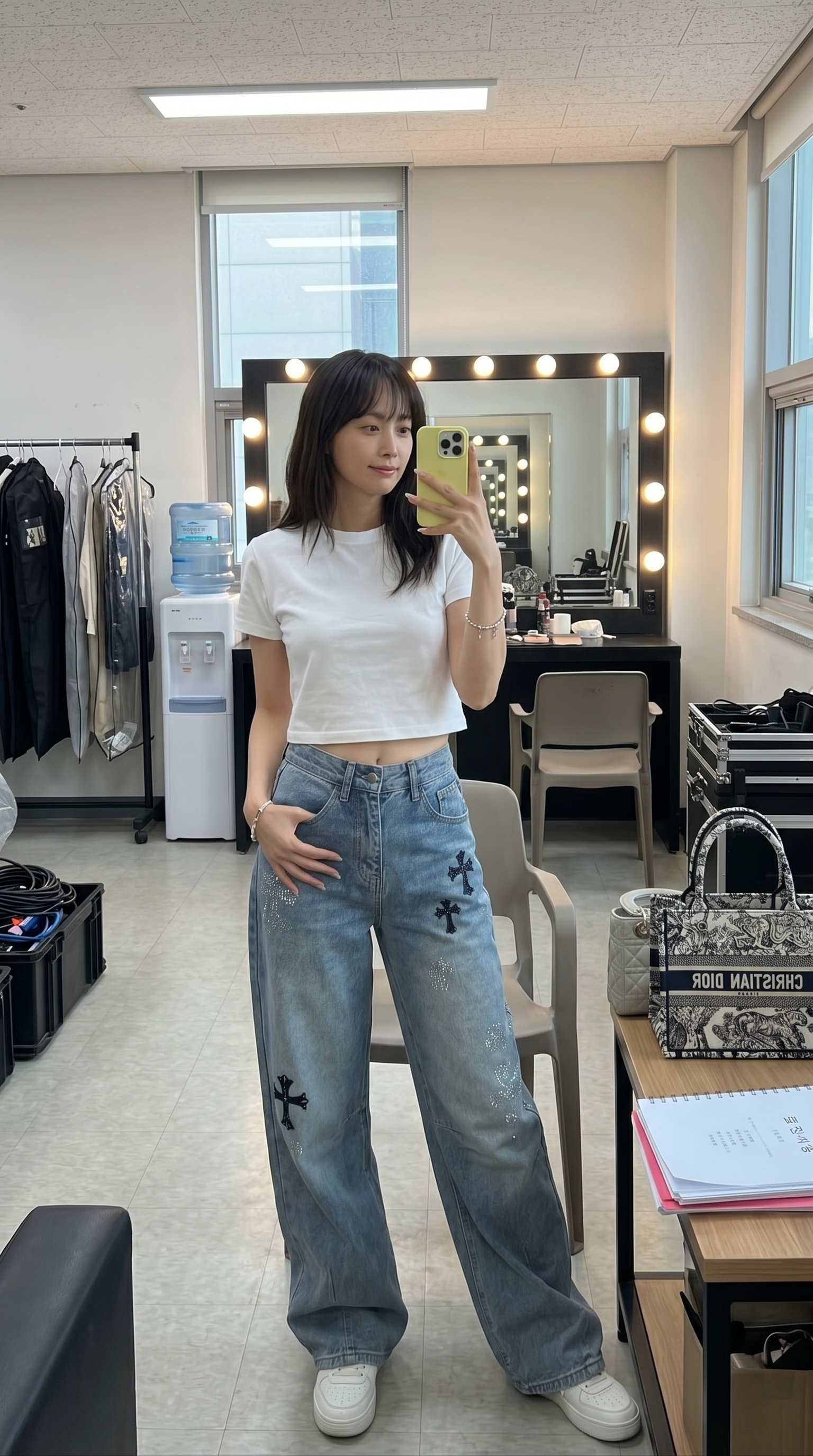 555 크롬 CHR 여성 모던 핫피스 크로스 프린트 데님