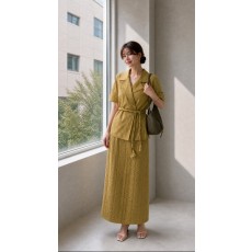 834 랑 LAN 벨티드 테일러드 하프 슬리브 자켓 & 버티컬 스트라이프 밴딩 스커트