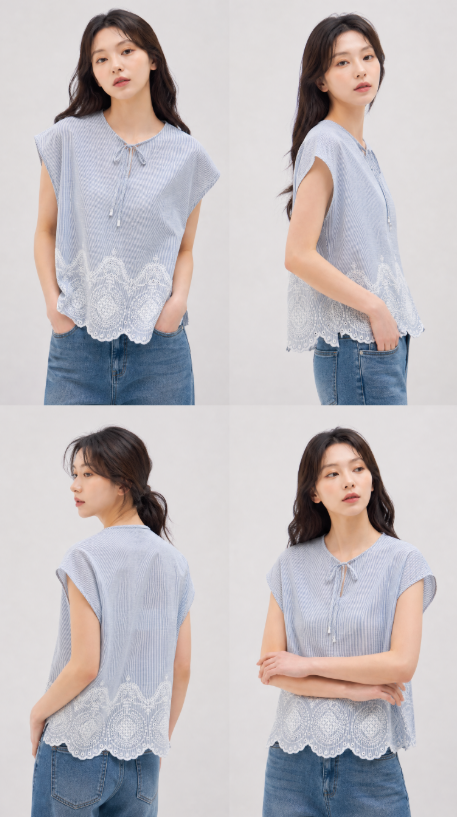 913 르베 LEB 코튼 스캘랩 슬리브리스 블라우스